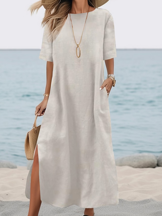  Γυναικεία Καθημερινό φόρεμα Βαμβακερό καλοκαιρινό φόρεμα Λευκό βαμβακερό φόρεμα Μακρύ φόρεμα Λινό Τσέπη Σκίσιμο Βασικό Καθημερινά Στρογγυλή Ψηλή Λαιμόκοψη Μισό μανίκι Καλοκαίρι Άνοιξη Φθινόπωρο