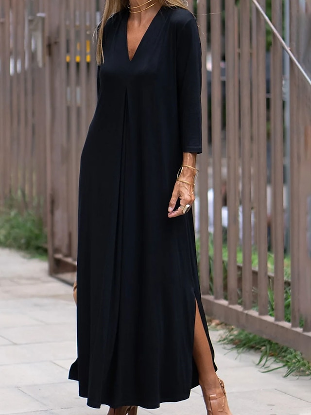  Γυναικεία Μαύρο φόρεμα Καθημερινό φόρεμα Φόρεμα από βαμβακερό λινό Μακρύ φόρεμα Σκίσιμο Βασικό Κλασσικό Καθημερινά Διακοπές Παραλία Λαιμόκοψη V Μακρυμάνικο Καλοκαίρι Άνοιξη Φθινόπωρο Μαύρο Λευκό Σκέτο