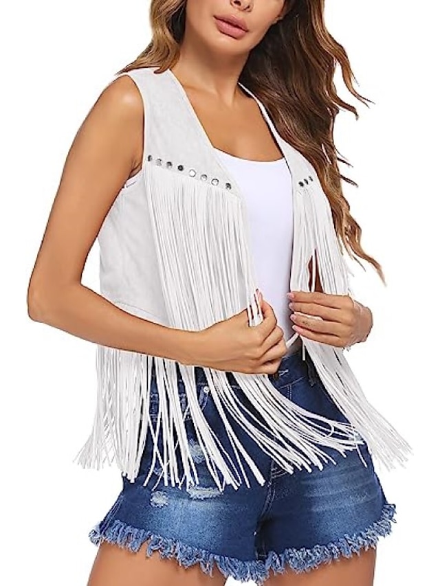  Hippie Retro Vintage Tassel 1960s Hippie 1970s Disco Suede Vest 70s Fancy Dress Women 70s Outfits Women's Tassel Fringe Costume Vintage Cosplay Carnival Masquerade Holiday Sleeveless Vest Carnival