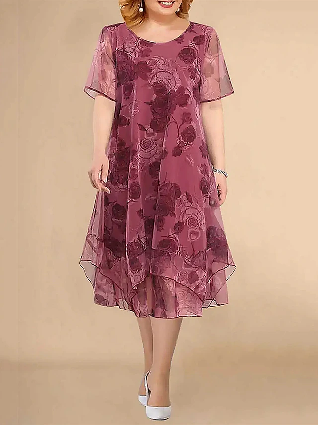Women's Plus Size Party Dress Cocktail Dress Wedding Guest Dress Chiffon Mesh Layered Crew Neck Short Sleeve Floral Midi Dress Wedding Guest Cocktail Party Wine Blue Summer Spring 5