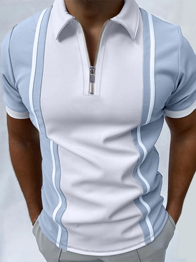  Men's Golf Shirt Polo Casual Daily Quarter Zip Short Sleeve Sports Fashion Color Block Striped Zipper Quarter Zip Summer Spring Regular Fit Black Navy Blue Apricot Gray Golf Shirt
