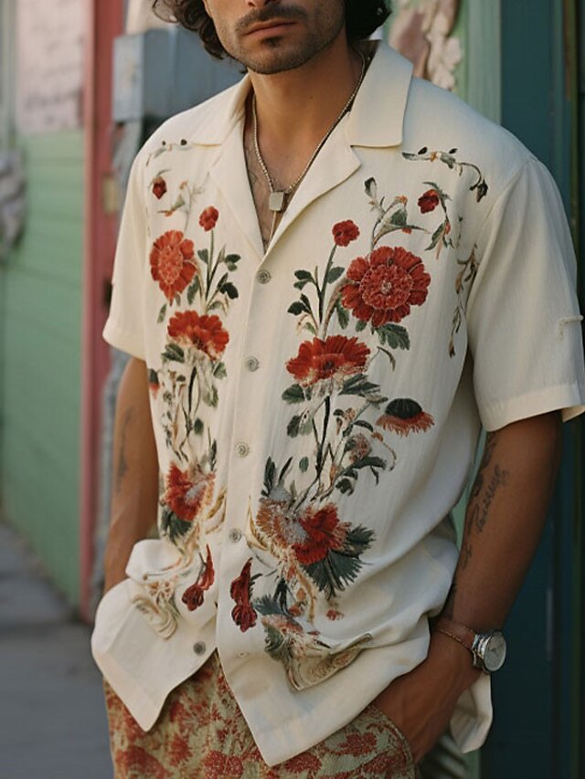 Men's Green Comfort Floral Printed Cuban Collar Casual Shirt