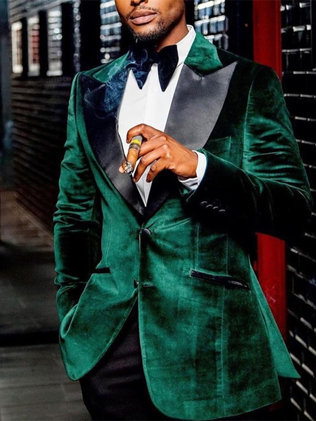  Herren Blazer-Jacke Smoking Modisch Brautkleider schlicht Samt Einfarbig Grün Reguläre Passform Einreiher mit zwei Knöpfen
