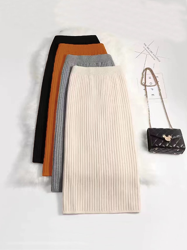 Women's Skirt Bodycon Midi High Waist Skirts Pleated Knitting Solid ...