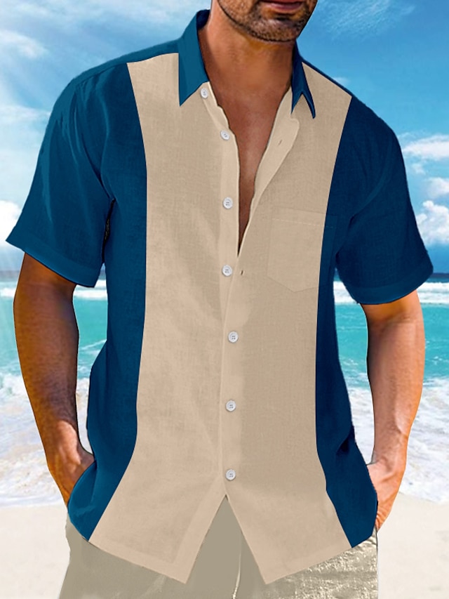  Homens Camisa Social camisa de botão Camisa casual camisa de verão camisa de praia Preto Vinho Azul Verde Azul Claro Manga Curta Bloco de cor Lapela Diário Férias Bolso frontal Roupa Moda Casual