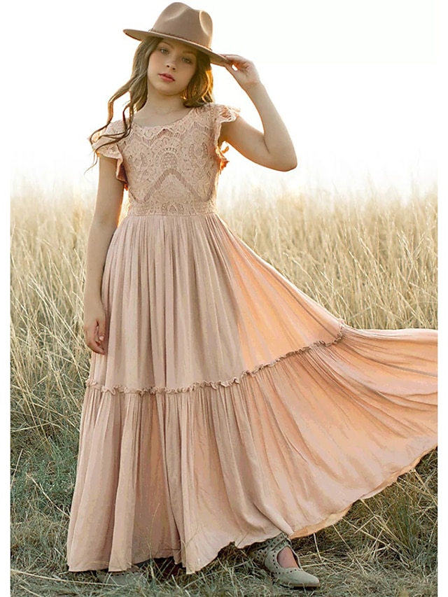  Bambini Ragazze Abito Tinta unica Tinta unita Manica Corta Matrimonio Quotidiano Ferie Pizzo Arricciato Principessa Dolce Elastene Viscosa Maxi Abito a trapezio Estate 4-13 Anni Bianco Champagne Vino
