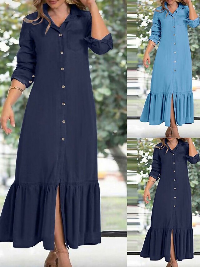 Women's Shirt Dress Casual Dress Maxi long Dress Outdoor Daily Cotton ...