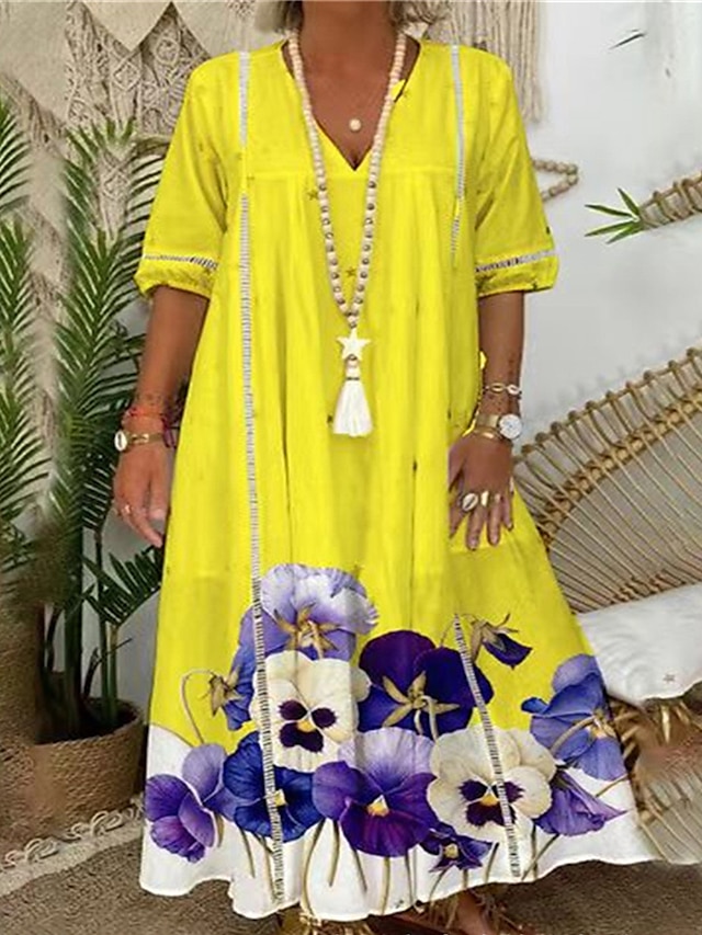  Női Swing ruha nyári ruha Virágos Nyomtatott V-alakú Maxi hosszú ruha Divat Elegáns Szabadtéri Napi Féhosszú Laza öltözet Sárga Nyár Tavasz S M L XL XXL