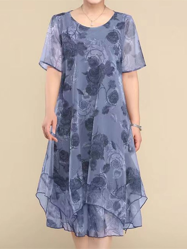  Women's Plus Size Party Dress Cocktail Dress Wedding Guest Dress Chiffon Mesh Layered Crew Neck Short Sleeve Floral Midi Dress Wedding Guest Cocktail Party Wine Blue Summer Spring