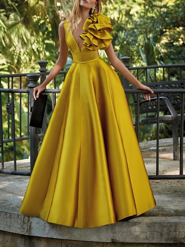  A-Linie Abendkleider Elegant Kleid Formal kleid hochzeitsgast Boden-Länge Ärmellos V Ausschnitt Satin mit Schulterblume 2024