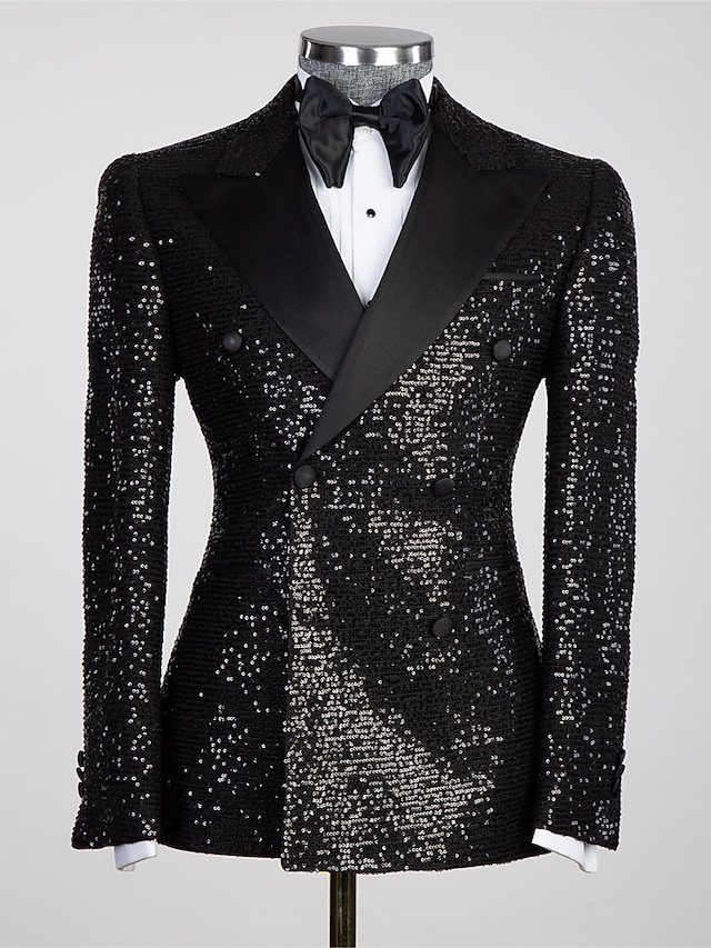  Herren Blazerjacke Smoking Verschlusskragen Party Glitzern Pailletten Einfarbig Schwarz Silber Champagner Figurbetonter Schnitt Doppelreihig Sechs-Knöpfe