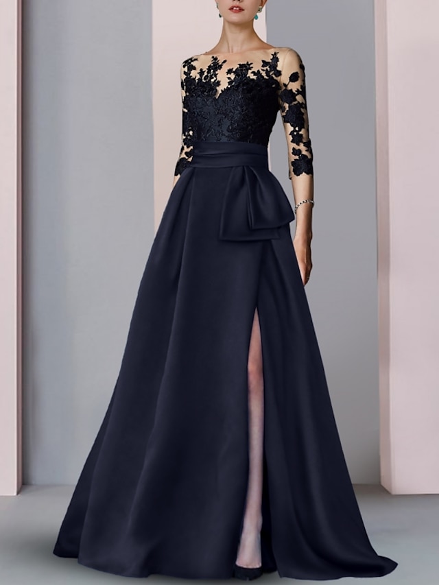  Γραμμή Α Βραδινά φορέματα Υψηλός διάσπαση Φόρεμα Επίσημο Χειμώνας Ουρά Μισό μανίκι Λαιμός ψευδαίσθησης Σατέν με Φόρεμα Κέντημα 2024