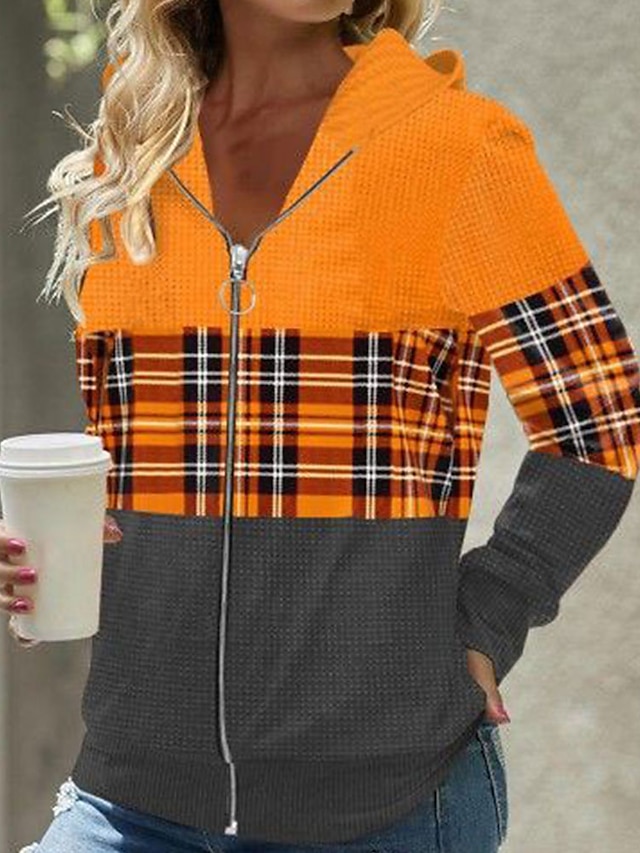 Women's Oversized Zip Hoodie Sweatshirt Halloween Sweatshirt Graphic Plaid Sports Streetwear Neon & Bright Zip Up Black Orange Halloween Casual Hoodie Long Sleeve Top Micro-elastic Fall & Winter