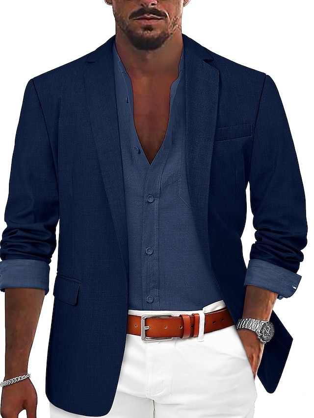  Voor heren Sportjas Linnen blazer Modieus Casual Effen Linnen blazer Leger groen Zwart blauw Getailleerd Single Breasted een knoops
