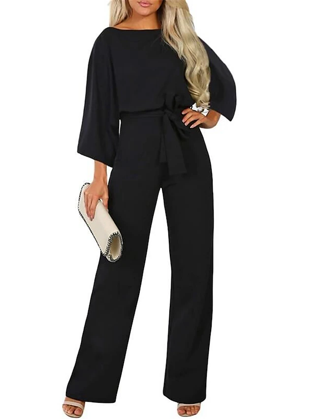 Women's Normal Jumpsuit Elegant Solid Color 3/4 Length Sleeve Crew Neck Lace up High Waist Wedding Office Regular Fit Black Navy Blue Beige Fall 6