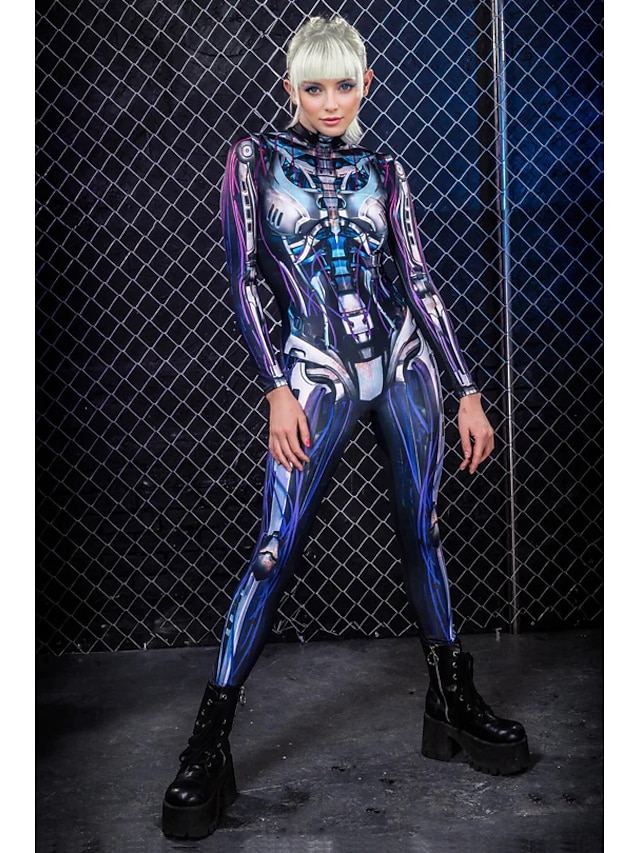  Esqueleto Caveira Robô Steampunk Fantasia de Carnaval Terno Corpo Inteiro Traje Cosplay Fatos de Corpo Macacão Corpo Inteiro Adulto Mulheres Uma Peça Traje Assustador Festa dia das Bruxas Baile de