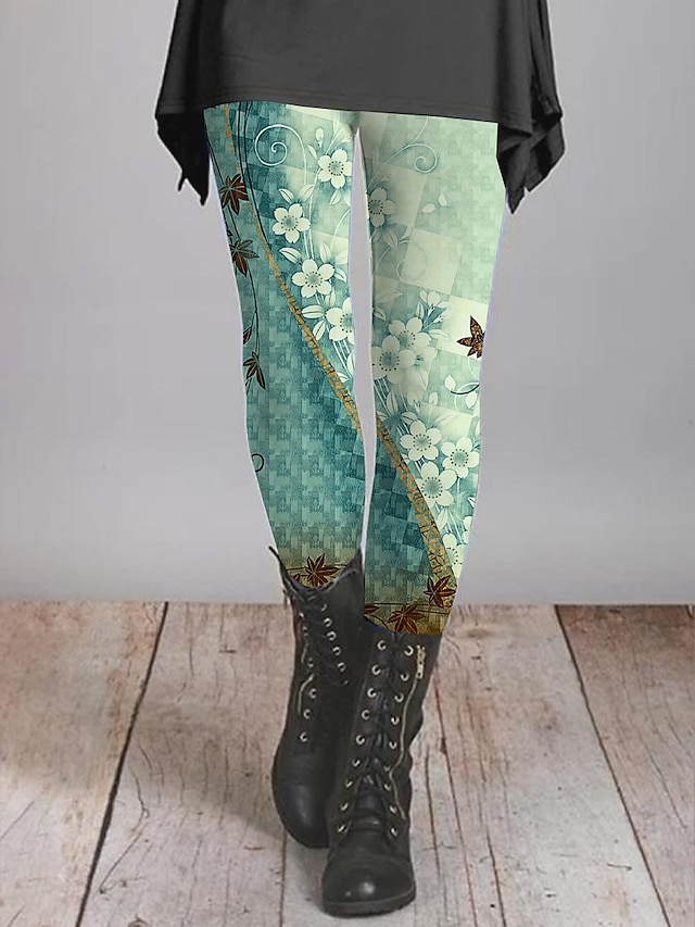  Women's Leggings Trousers Fashion Soft Full Length Natural Flower Print Thermal Warm Comfortable Micro-elastic Vacation Daily Apple Green Transparent Green Deep Green All Seasons