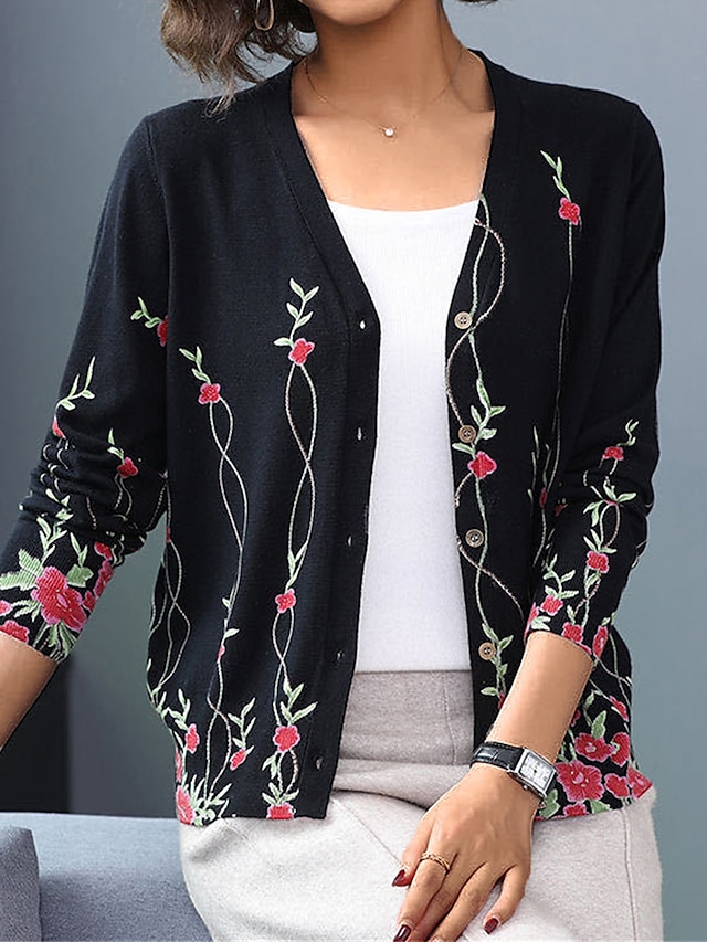  Women's Cardigan Sweater V Neck Ribbed Knit Polyester Button Print Fall Winter Outdoor Daily Holiday Stylish Casual Soft Long Sleeve Animal Floral Rose black Chain black Rose navy blue S M L