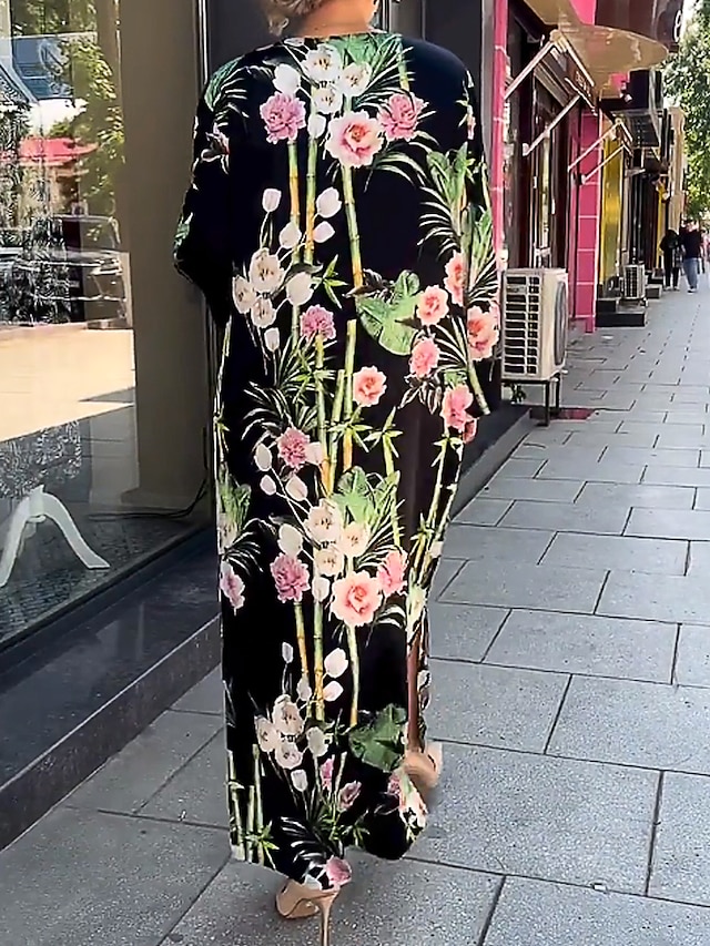  Damen Satinkleid Blumen Bedruckt Rundhalsausschnitt kleid lang Täglich Urlaub Langarm Sommer Frühling