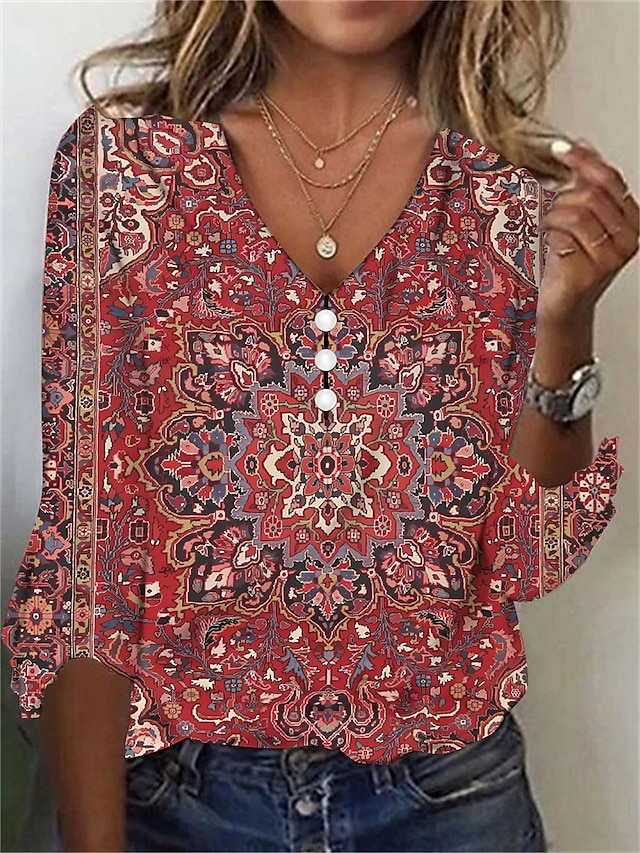  Women's T shirt Tee Henley Shirt Floral Vintage Ethnic Button Print Holiday Weekend Daily Basic 3/4 Length Sleeve V Neck Red Fall & Winter
