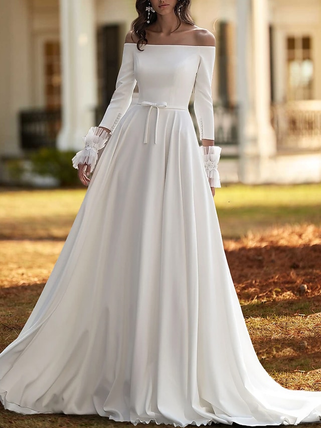  Casual Wedding Dresses A-Line Off Shoulder 3/4 Length Sleeve Court Train Stretch Fabric Bridal Gowns With Bow(s) Pleats 2024