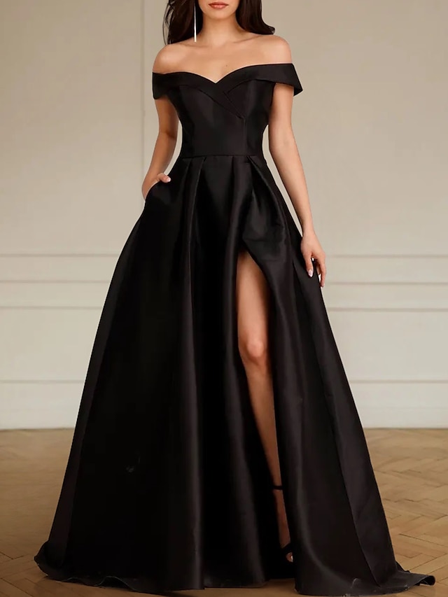  Engagement Formal Black Wedding Dresses A-Line Off Shoulder Sleeveless Sweep / Brush Train Satin Bridal Gowns With Pleats Split Front 2024