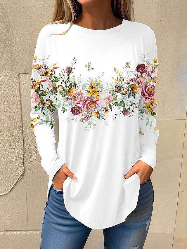  Per donna maglietta Floreale Per eventi Fine settimana Bianco Rosa Rosso Stampa Manica lunga Essenziale Rotonda Standard Autunno inverno