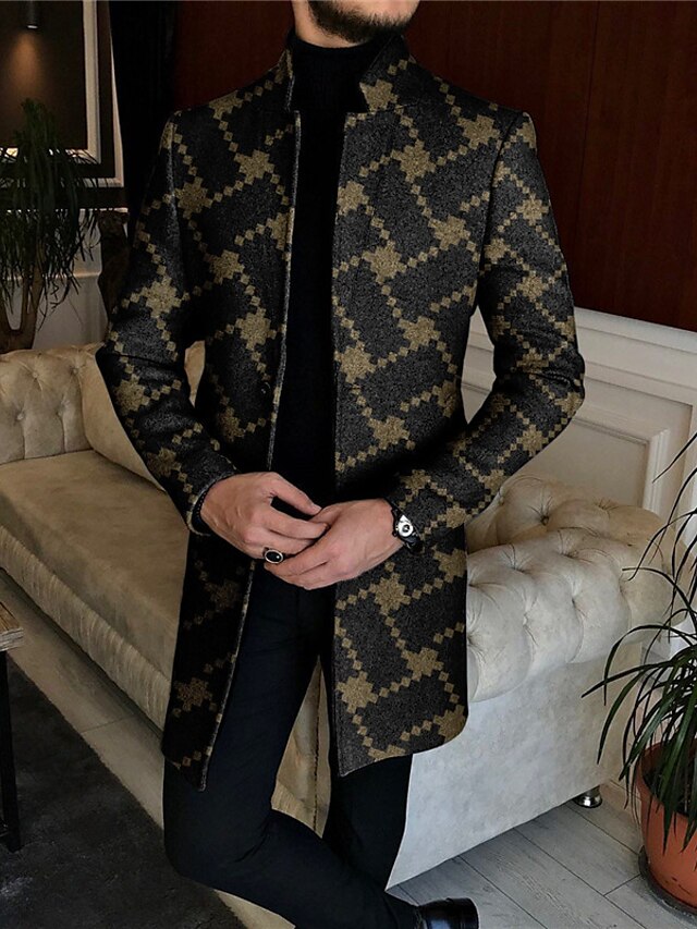  Herr Färgblock Geometri Argyle Vinterkappa Rock Kappa Håller värmen Andningsfunktion Bekväm Mode Streetwear Affär Arbete Klä till Jobbet Utekväll Ficka Mönster Höst vinter Nedvikt Långärmad Svart