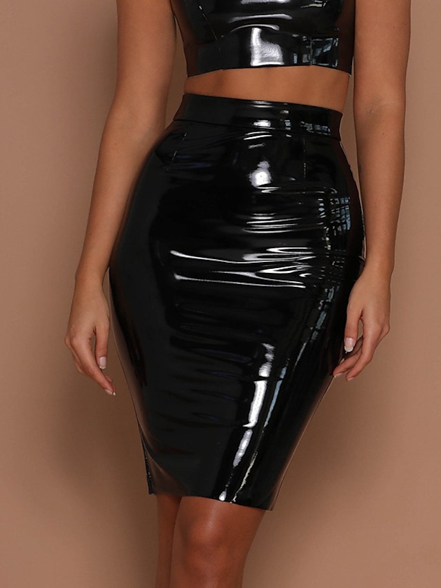  Women's Skirt Bodycon Knee-length Skirts Butt Lift Solid Colored Street Vacation Winter Faux Leather Leather Fashion Sexy Black Red