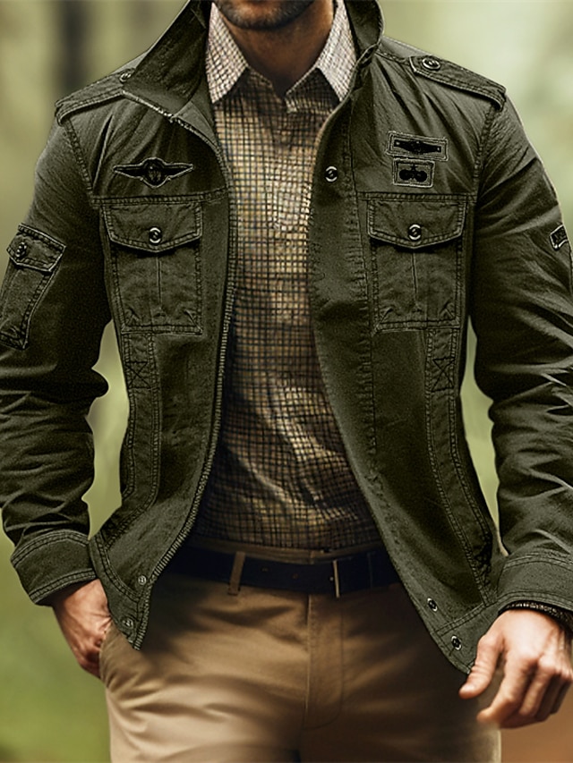  Voor heren Outdoor jas Tactische jas Buiten Alledaagse kleding Warm Vetoketju Zak Herfst Winter Effen Modieus Streetwear Revers Normaal Zwart Khaki Leger Groen Jacks