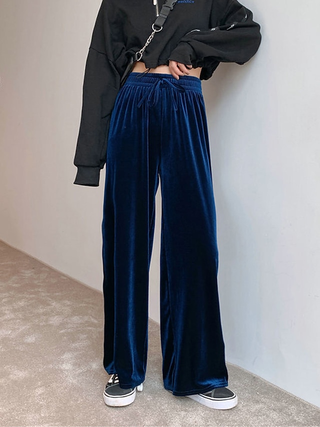  kvinders brede ben fløjlsbukser baggy fuld længde lomme mikroelastisk højtalje mode streetwear fest påfugl blå sort s m efterår& vinter