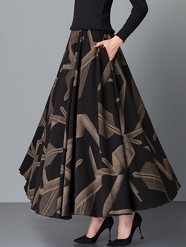 Women's Skirt A Line Maxi High Waist Skirts Pleated Pocket Print Floral Office / Career Street Winter Fashion Casual Black Yellow Red 11