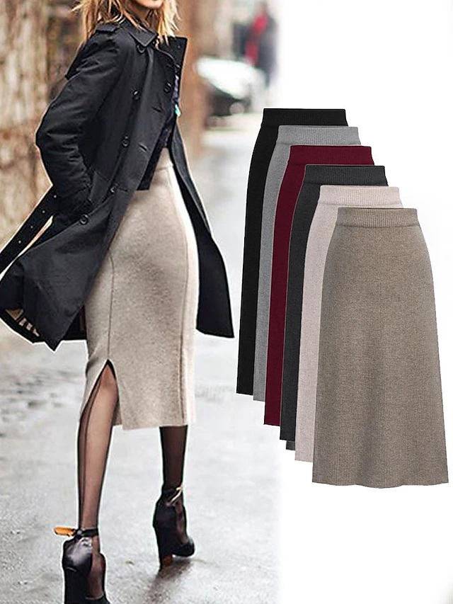 Women's Skirt Pencil Work Skirts Fashion Basic Casual Midi Skirts Solid Colored Split Knitting Office / Career Street caramel Black Wine khaki Autumn / Fall Woolen 16
