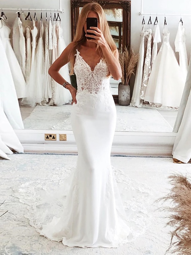  Reception Formal Wedding Dresses Mermaid / Trumpet Camisole Sleeveless Court Train Tulle Bridal Suits Bridal Gowns With Appliques 2024