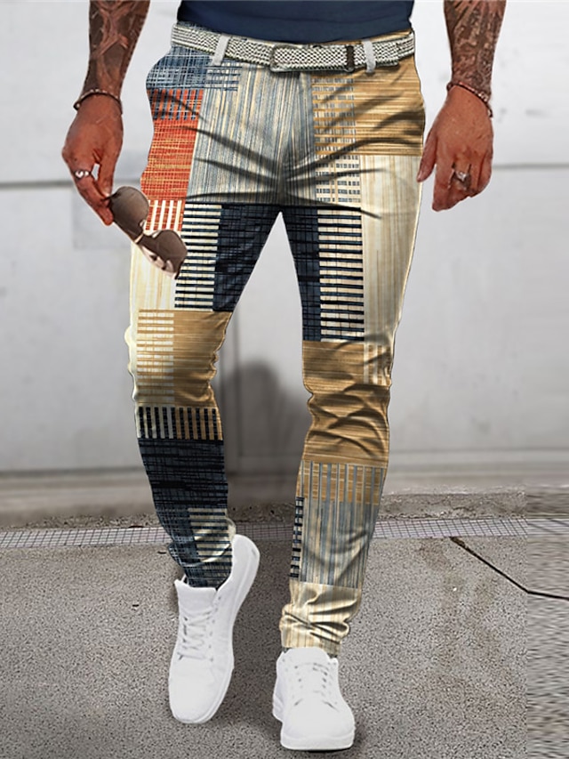  Plisat Geometrie Afacere Bărbați Imprimare 3D Pantaloni În aer liber Stradă Purtați-vă la muncă Poliester Albastru Verde Kaki S M L Talie medie Elasticitate Pantaloni