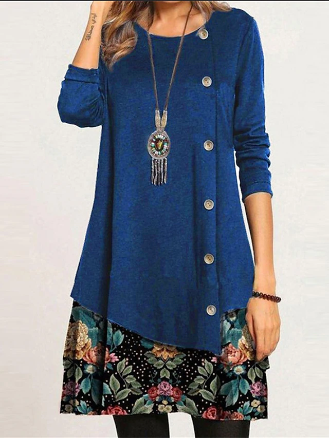 Women's Floral Button Print Crew Neck Mini Dress Daily Vacation Long Sleeve Spring Fall4