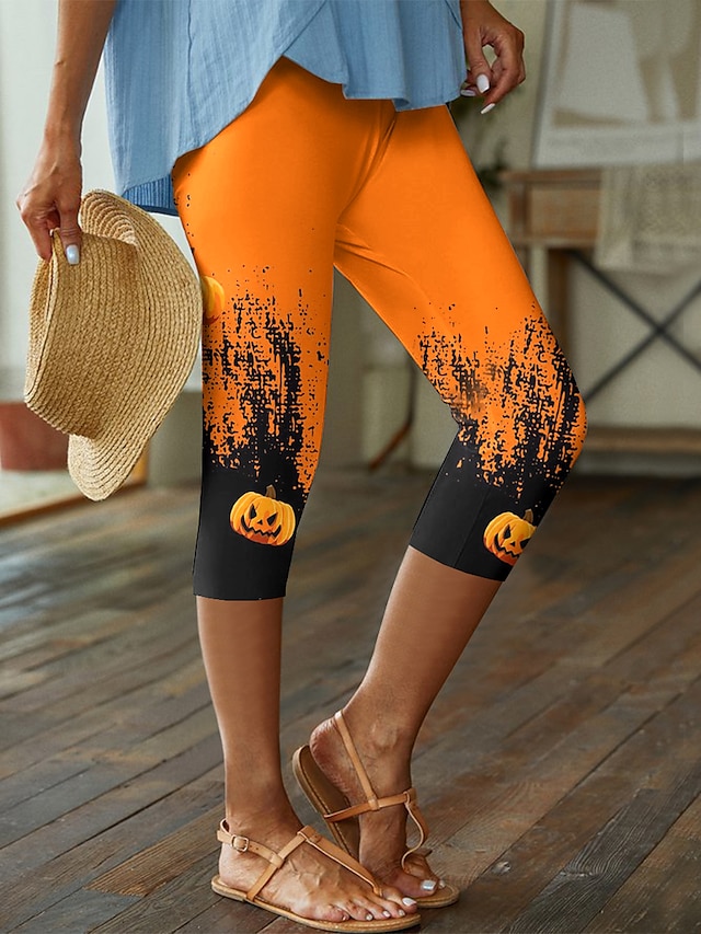 Women's Shapewear Capri Pants Print Halloween High Rise Capris Orange red Spring, Fall, Winter, Summer