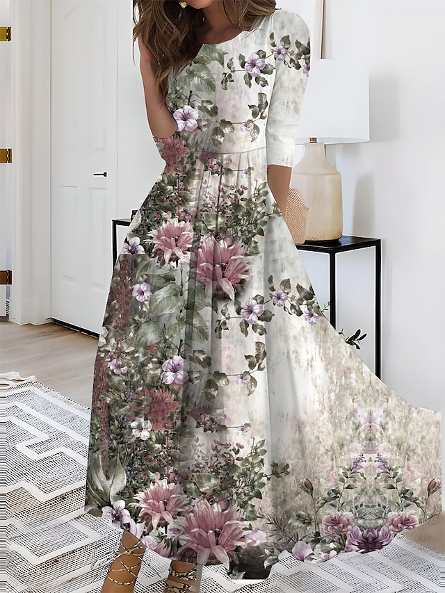  Women's A Line Dress Floral Print Crew Neck Long Dress Maxi Dress Daily Date 3/4 Length Sleeve Summer Spring