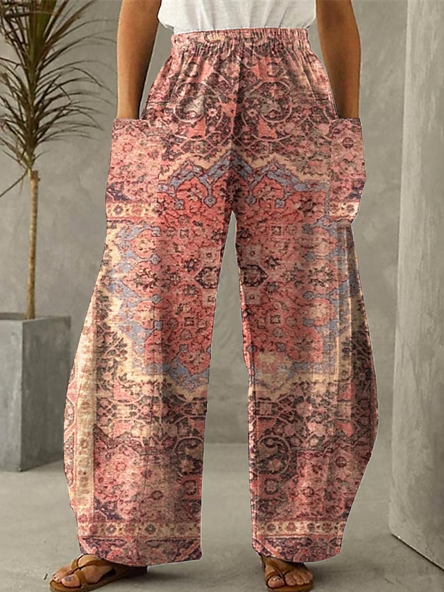 Femme Pantalon baggy Sarouel Mélange de Lin & Coton Poche Imprimer Design Taille Haute Toute la longueur Rose Claire Eté