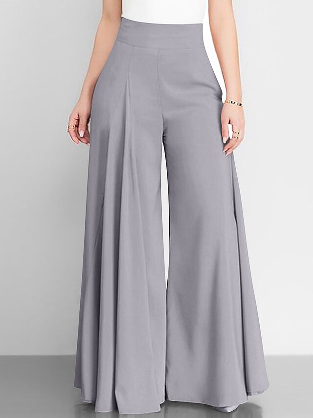 Women's Wide Leg Pants Trousers Pocket High Cut High Waist Full Length ...