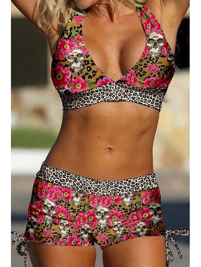  Women's Normal Swimwear Bikini Swimsuit Halter 2 Piece Printing Leopard Skull Beach Wear Push Up Bathing Suits