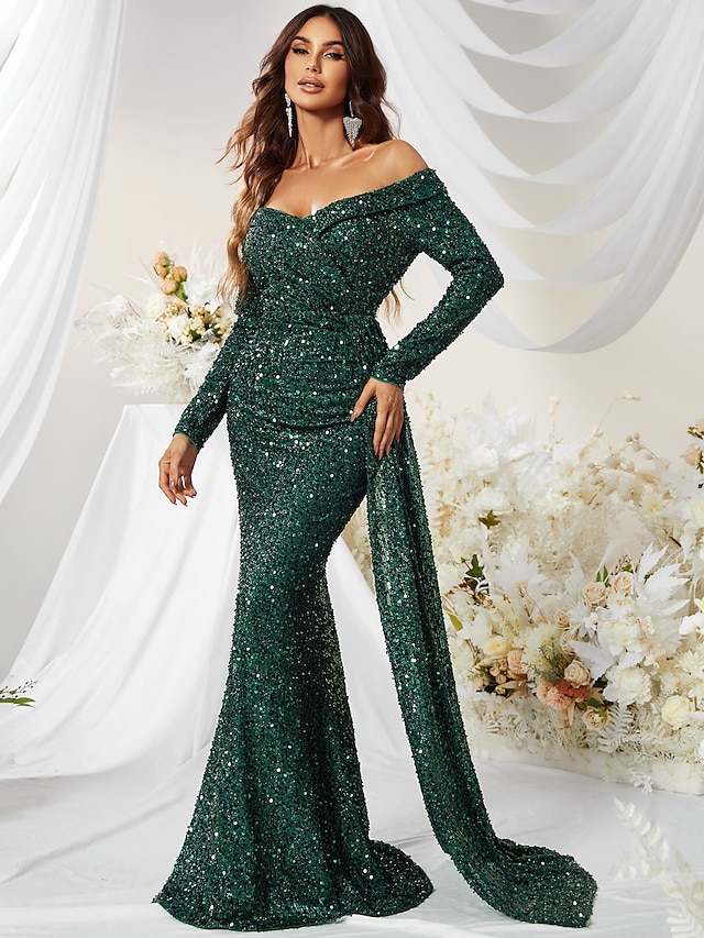 Mermaid Evening Gown Sparkle Christma Green Dress Formal Wedding Guest ...