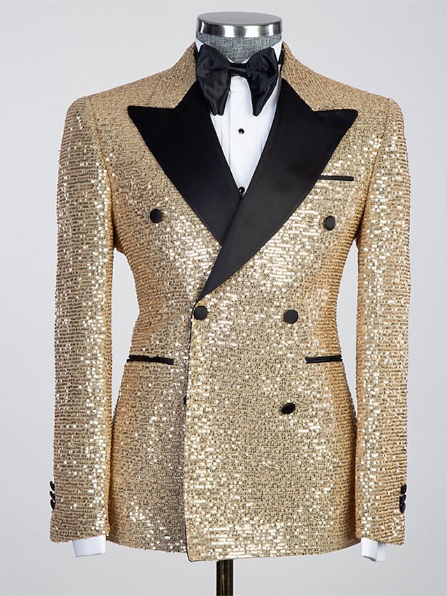  мужской блейзер с блестками в стиле диско 70-х годов, пиджак с блестками и блестками для вечеринок, классический покрой, однотонный, двубортный, с шестью пуговицами, черное золото, черное серебро,