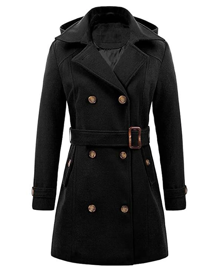 Women's Winter Coat Long Overcoat with Belt Fall Pea Coat wirh Hood ...