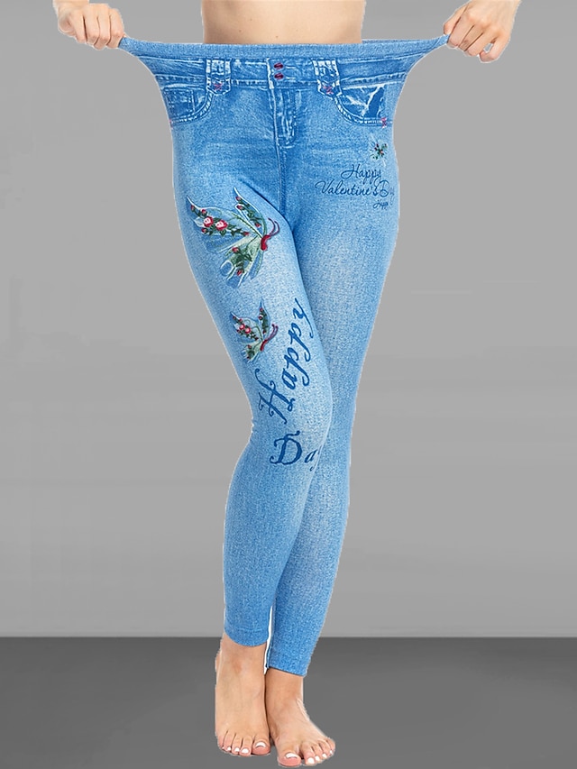  Women's Slim Pants Trousers Polyester Pocket Print High Cut High Waist Full Length Lake Blue Summer