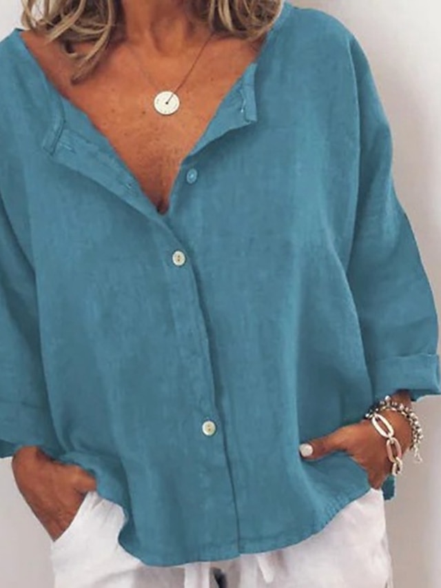  Mulheres Camisa Social Blusa Tops longos de algodão Linho Tecido Casual Diário Botão Verde Tropa Manga Longa Diário Básico Decote V Outono & inverno