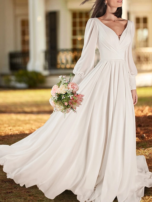 Simple Wedding Dresses A-Line V Neck Long Sleeve Sweep / Brush Train Chiffon Bridal Gowns With Pleats 2024