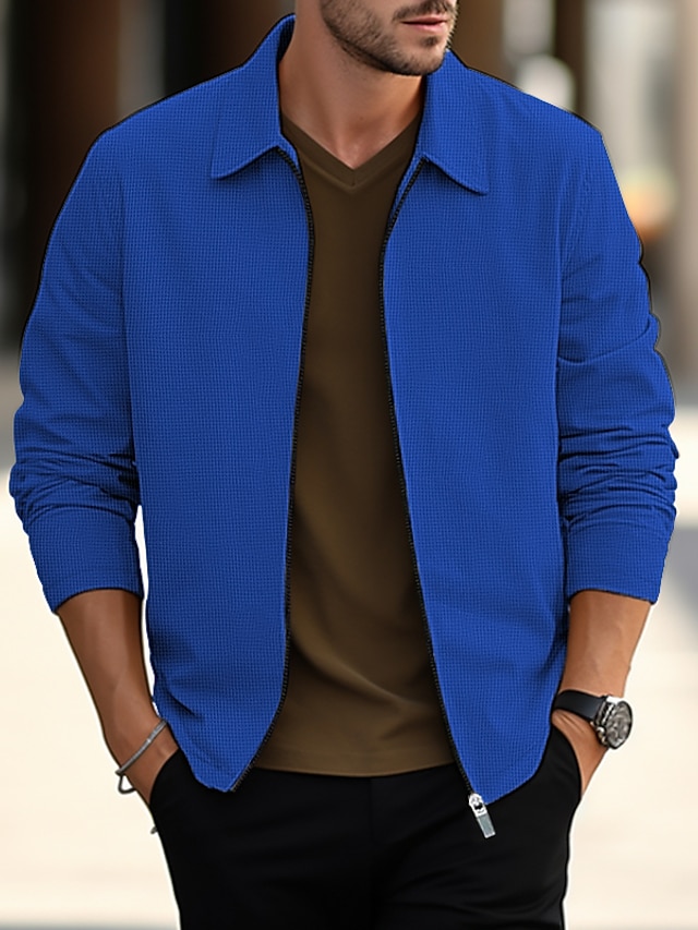  Herre Skjorte jakke Overtrøjer Overgangsjakke Dagligdagstøj Letvægt Lomme Forår Vanlig Gade Knaphul Normal Vaffelstof Sort Hvid Blå Kakifarvet Grå Jakker