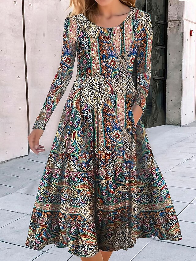 Women's Midi Dress A Line Dress Casual Dress Winter Dress Swing Dress Fashion Streetwear Mature Formal Outdoor Vacation Regular Fit Geometric Color Block Tribal Long Sleeve Crew Neck Black Red 7