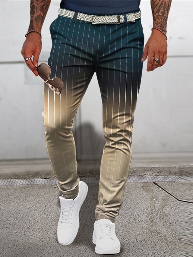  Gradient Striped Business Men's 3D Print Pants Trousers Outdoor Street Wear to work Polyester Blue Khaki Light Blue S M L Mid Waist Elasticity Pants